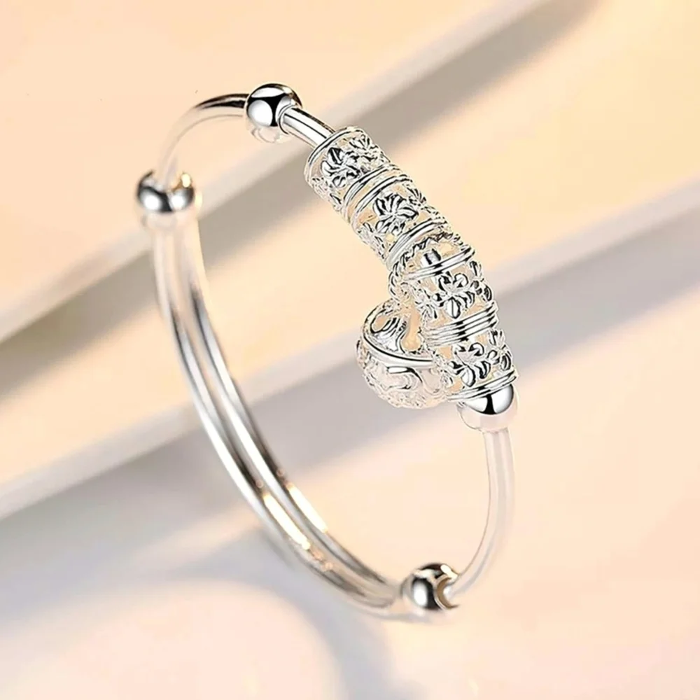 Silver Bell Beaded Elegant Dainty Adjustable Bangle Bracelet Jingle Bells Ball